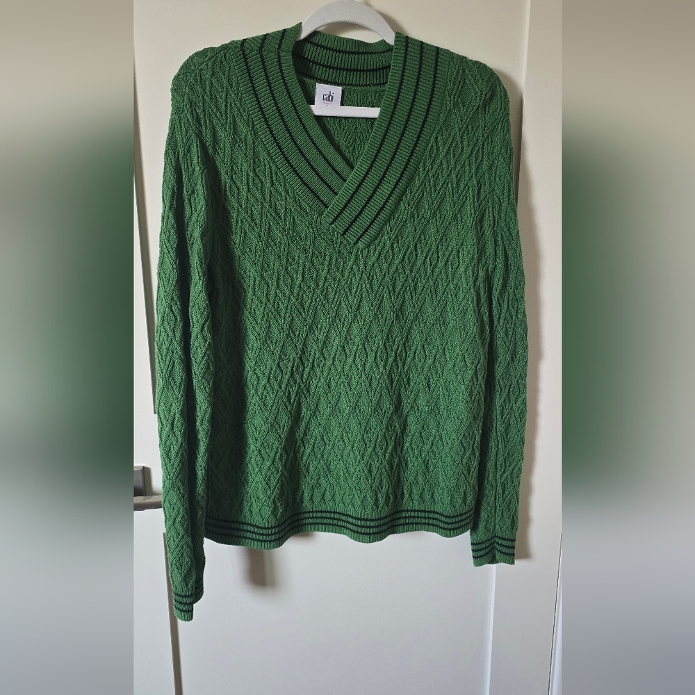 CAbi Green Cable Knit V-Neck Sweater